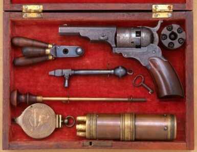 This rare, engraved No. 2 Model showing the large vine scroll style has the 3-inch barrel. Most No. 2 models had flat shouldered cylinders and no cut out in the recoil shield for capping (capping was done with the cylinder removed). 