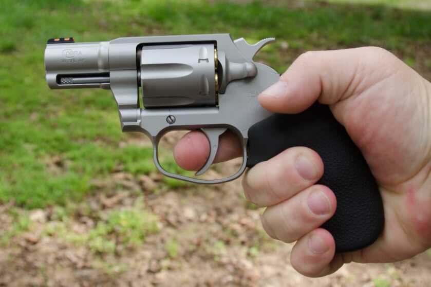 Stainless steel Colt Cobra .38 Special revolver showing its durable satin-finished frame