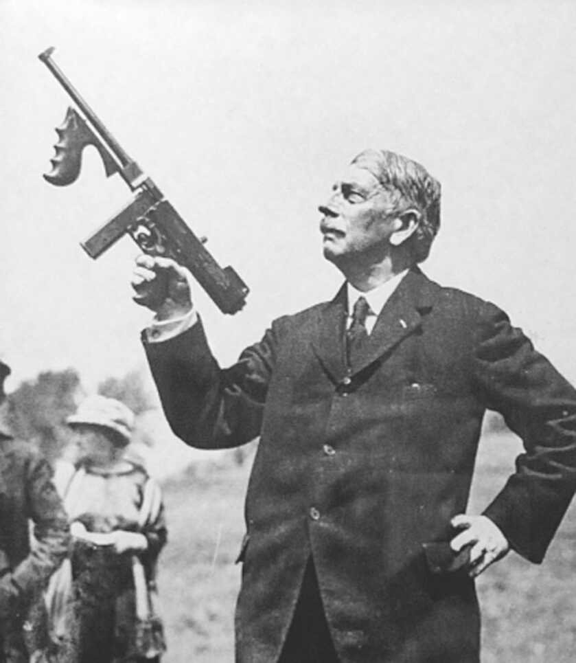 John Taliaferro Thompson holding the revolutionary Thompson submachine gun