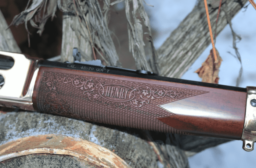 Henry .45-70 fore-end detail showing wood furniture and lever action field handling