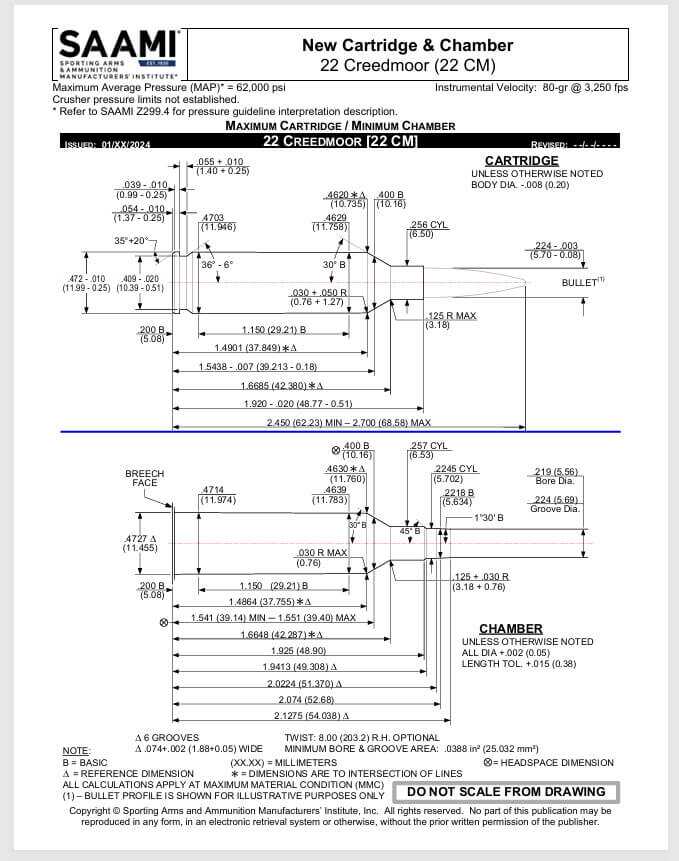 Official SAAMI 22 Creedmoor cartridge and chamber specifications