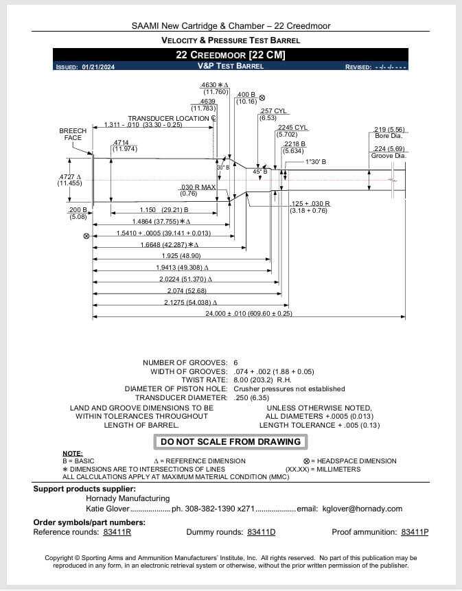 SAAMI technical drawing with 22 Creedmoor dimensions, ballistics, and specifications