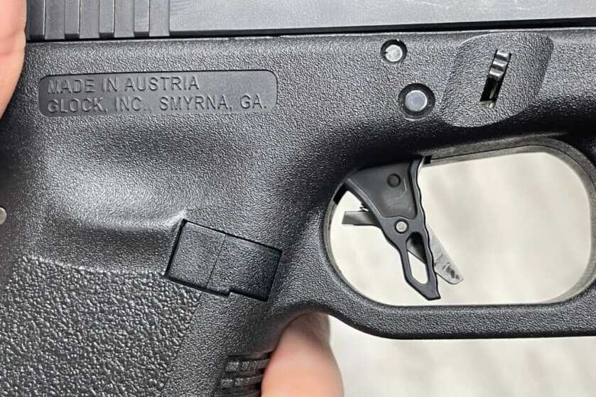 Velocity Glock 19 Trigger by Killer Innovations Killer Innovations Velocity Glock Trigger close up installed in Glock 19