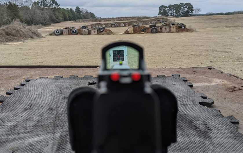 Crimson Trace CTS-1550 rear notch allowing iron sights to co-witness during pistol red dot zeroing