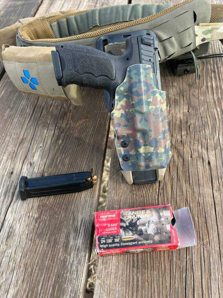 H&K VP9B optics-ready 9mm pistol shown with Red Balloon Industries holster