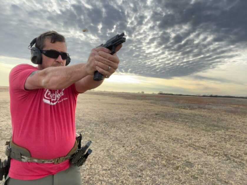 H&K VP9B ejecting a spent casing during live-fire testing