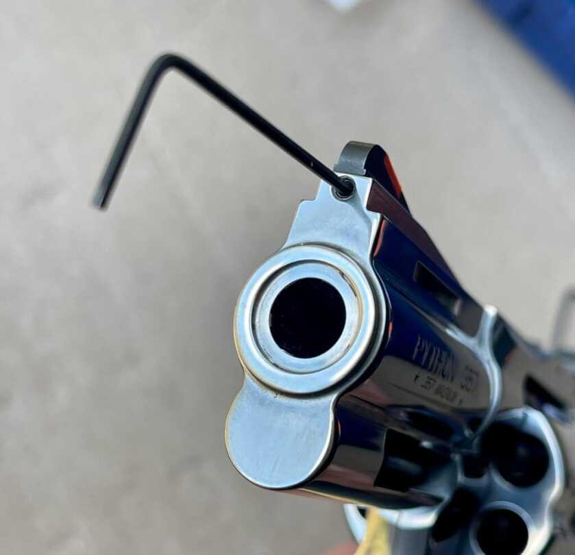 Perfecting the Colt Python Colt Python factory rear sight showing shallow narrow sight notch