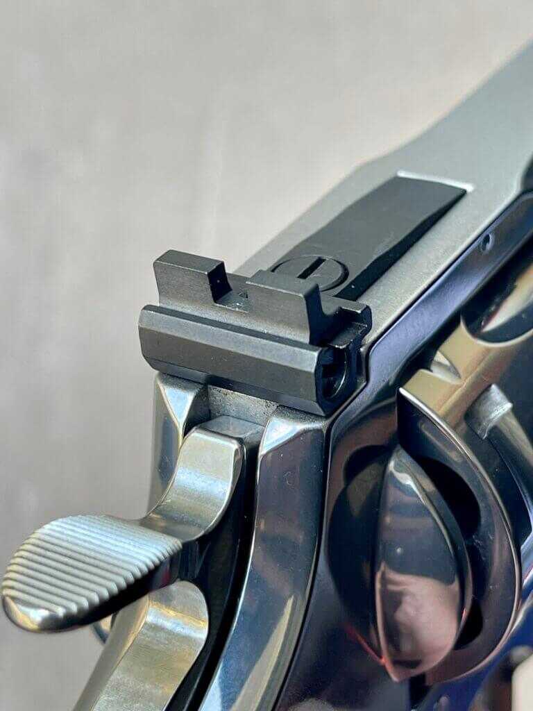 Perfecting the Colt Python Close view of taller thicker Harrison rear sight blade for Colt Python
