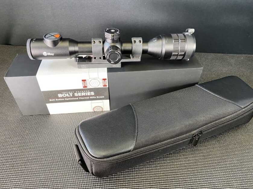 InfiRay BOLT TH50C thermal scope with its rigid storage case and included 30mm rings