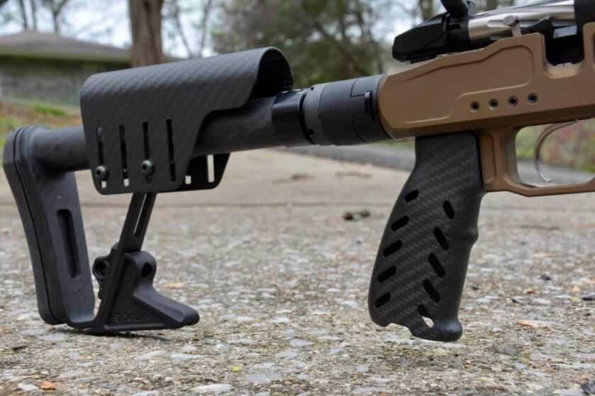 Getting Hot And Heavy With The Bergara MgLite: Full Review Closeup of the XLR Element 4.0 Chassis buttstock and grip.