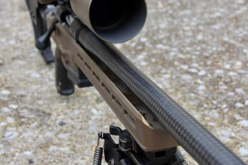 Getting Hot And Heavy With The Bergara MgLite: Full Review Close up on the MgLite showing the free floated CURE carbon fiber Barrel.