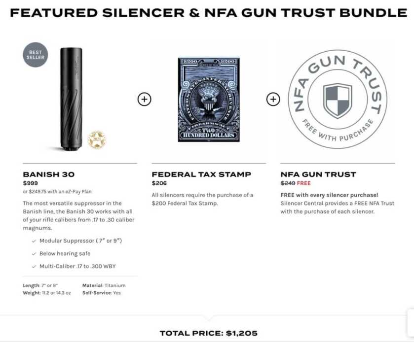 Silencer Central checkout screenshot showing the cost of buying a Banish 30 suppressor