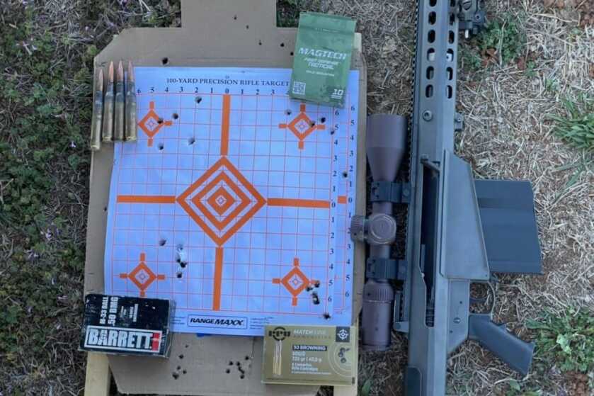 Groups shot at 100 yards with the Barrett M107A1 Lake City 50 BMG 660 Grain M33 Ball, Magtech 624gr FMJ, Barrett 661gr M33 Ball, and PPU 725gr Match