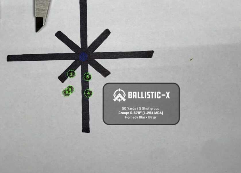 FN SCAR 15P Hornady Black 62 grain accuracy group measuring 0.68 inches at 50 yards