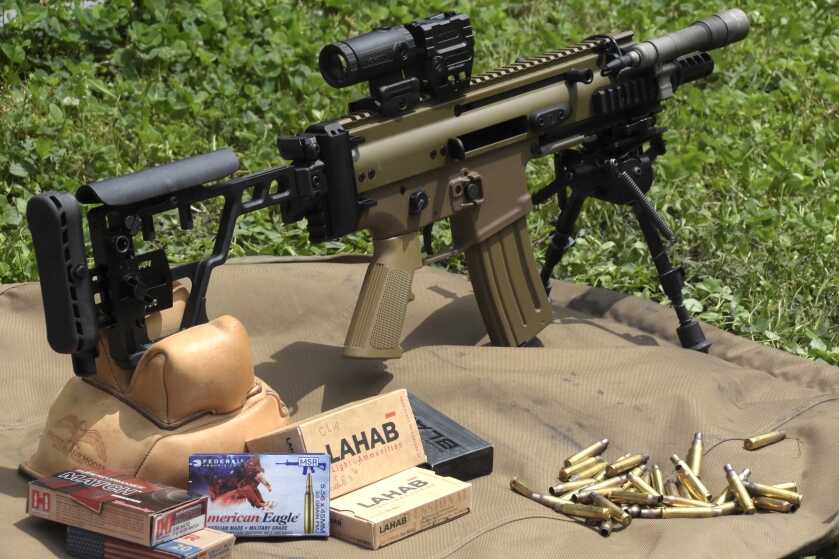 FN SCAR 15P accuracy test at 50 yards with red dot, magnifier, bipod, and rear bag