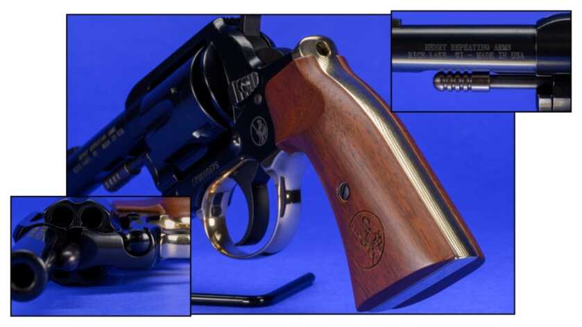 Henry Big Boy Revolver Review Close-up details of the American-made Henry Big Boy Revolver frame, barrel, cylinder, and markings
