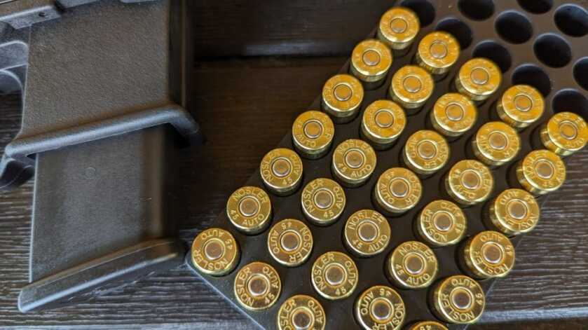 The Extar EP45 - Big Bore Subgun Extar EP45 magazine and beautiful rounds of Nosler .45