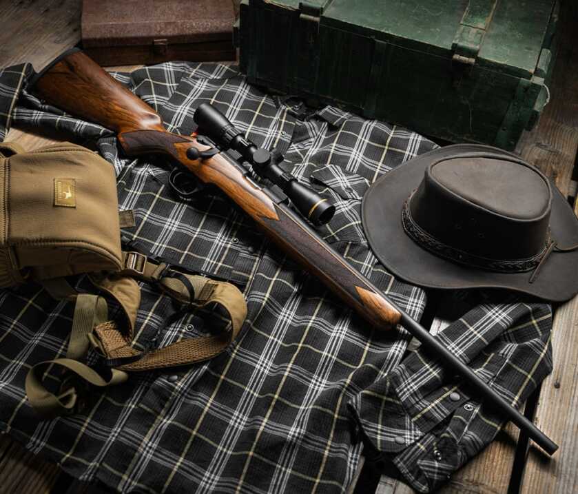 A model 2020 rimfire on a flannel shirt. 