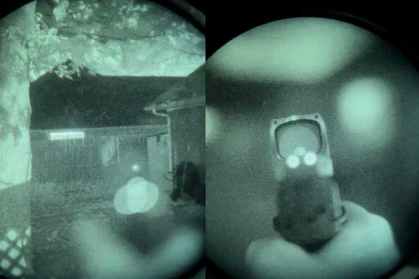looking through a PVS14 at the RXM-300 set to the lowest brightness setting