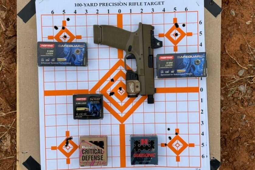 Springfield Armory FDE Hellcat Pro OSP Threaded 9mm Pistol Review Groups shot from 10 yards. Top left: Norma 115gr , Top right: Norma 124gr, Middle: Norma 65gr, Bottom left: Hornady 100gr, Bottom right: Hornady 147gr