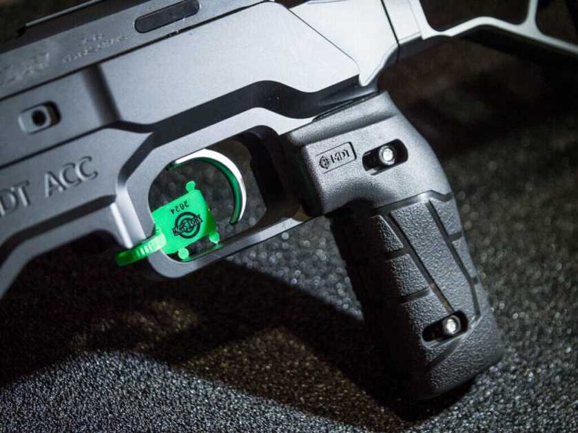 Close up view of the MDT chassis showing the 457 trigger.