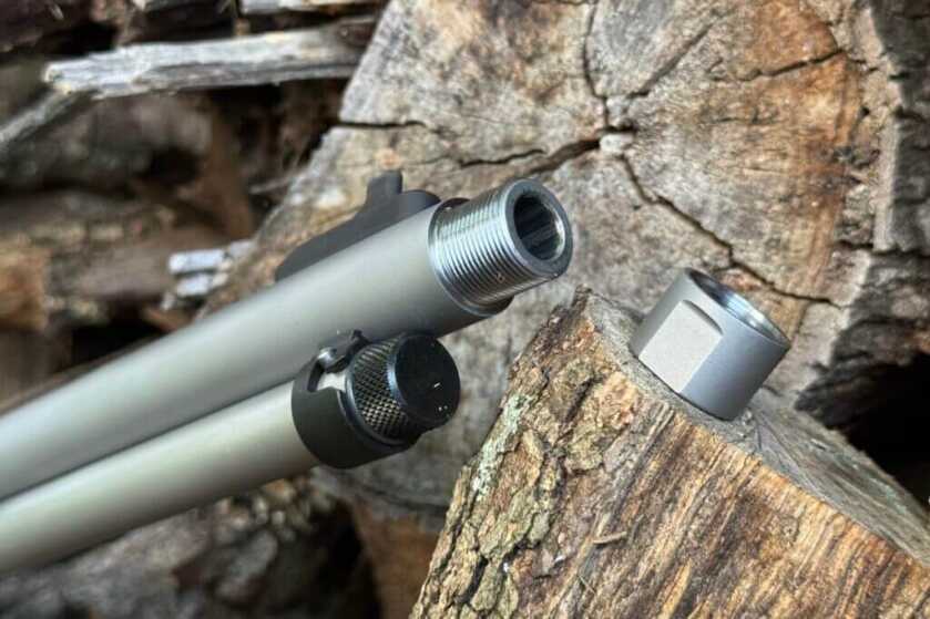 Smith & Wesson Model 1854 stainless steel barrel showing its 11/16 inch-24 muzzle threads and thread protector