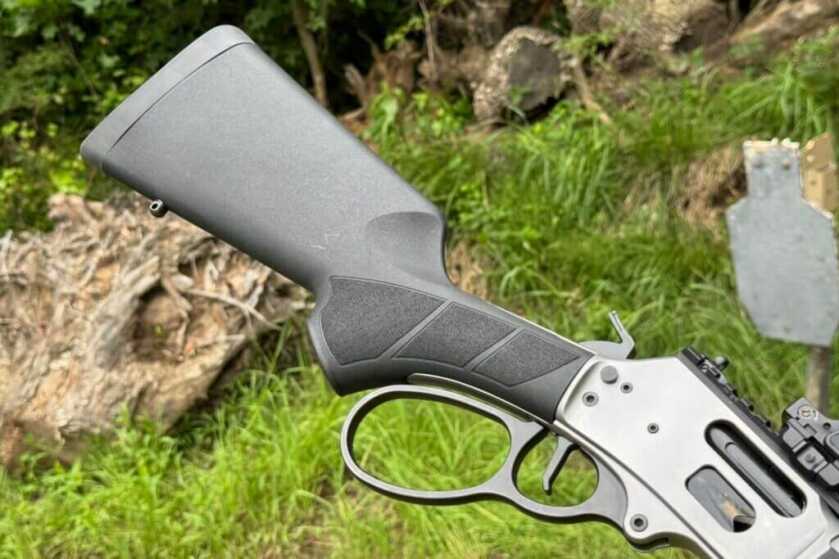Black synthetic stock and aggressive grip texturing on the Smith & Wesson Model 1854 .44 Magnum rifle