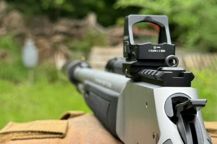 Sight picture through the XS ghost ring rear sight on the Smith & Wesson Model 1854 lever-action rifle