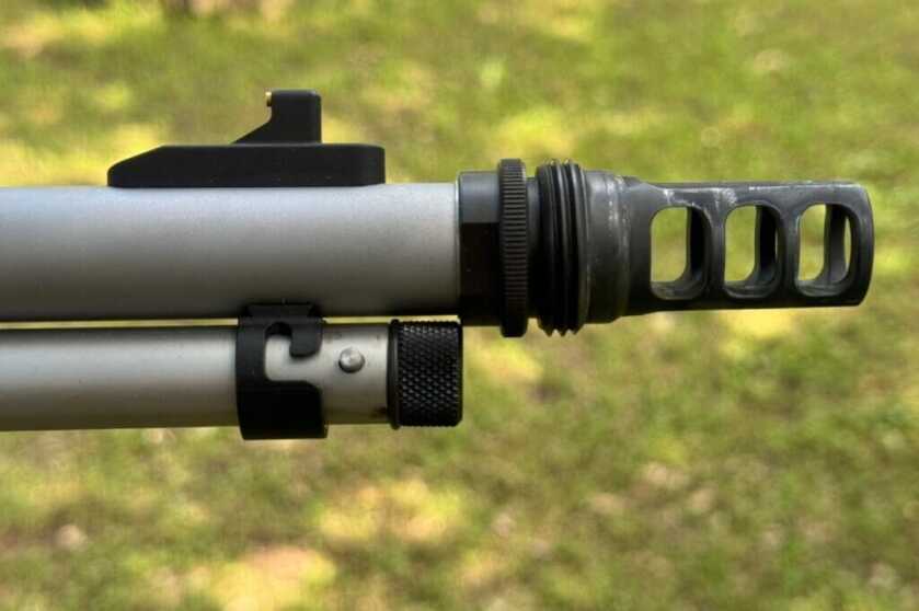 Silencerco ASR muzzle brake mounted on the Smith & Wesson Model 1854 and blocking removal of the magazine tube
