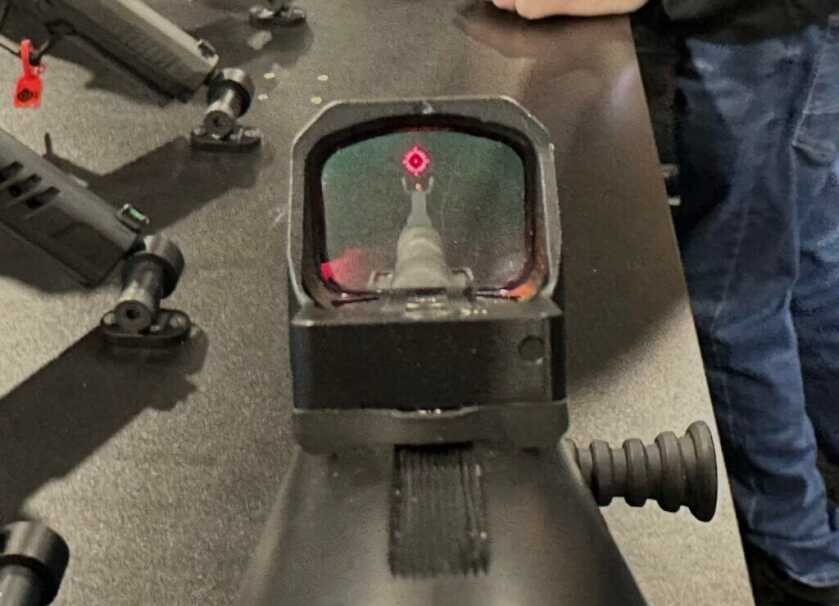 View through the window of a red dot sight.