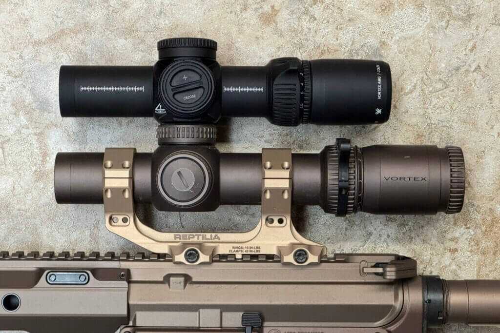Side-by-side comparison of Vortex AMG 1-10x24 vs Razor 1-10x showing shorter profile and weight savings