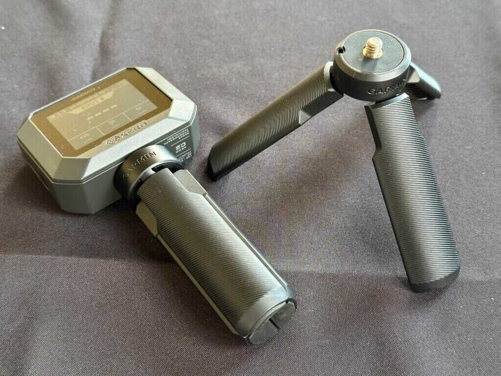 Garmin Xero C2 tripod is shown deployed and folded up.