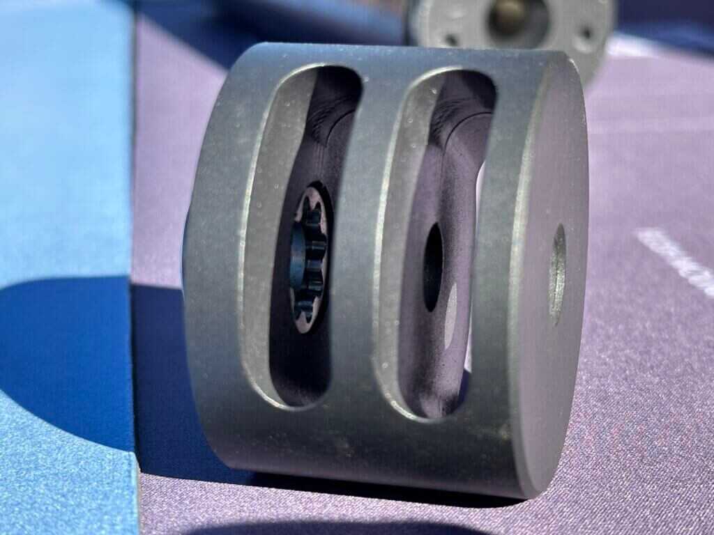 A look between the baffles of the Hush brake.