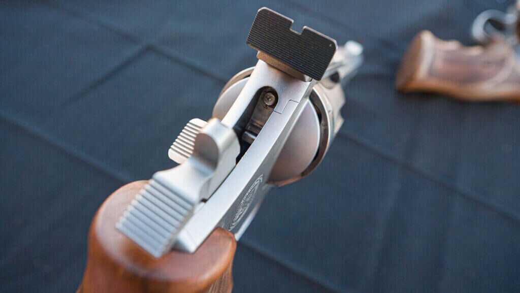 closeup view of the back of the gun with the hammer cocked.