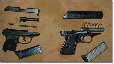 Both, disassembled. The Ruger, right, has the separate, floating barrel design that sits with the slide. The PPK to the left has the barrel integral to the frame. Both, disassembled. The Ruger, right, has the separate, floating barrel design that sits with the slide. The PPK to the left has the barrel integral to the frame.