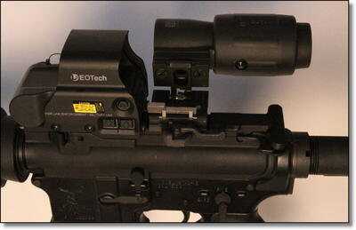 The 3x magnifier in the down and out of the way position. If you need a precise shot, just flip it up The 3x magnifier in the down and out of the way position. If you need a precise shot, just flip it up