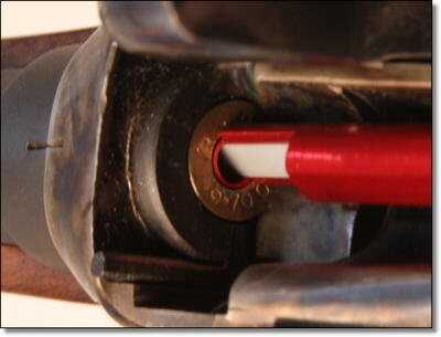 A close-up of the cartridge seated in the breech A close-up of the cartridge seated in the breech