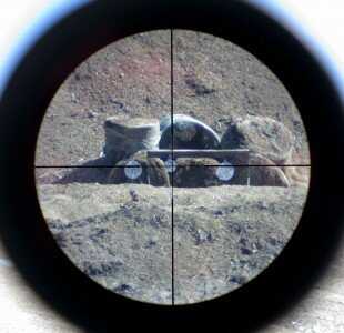 Burris C4Plus Wind MOA Reticle – This is a through the scope shot looking down range at Independence Range’s 300 yard steel targets.  I would not judge the image quality of the Burris scopes based on this picture but the edge to edge clarity was very good.  The reticle also contrasted well with the background making it and the hash marks easy to pick up and index on target.  In this case, the picture imitates holding 1 MOA right on the center target to compensate for a stiff right to left wind.