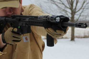 When I hold an AR in this position, my split times go down. I’d been cramped by the short forend on the MERC415, but not anymore. The 12.5” Kmod is just barely long enough. 