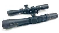 To find range to your target, you could make use of technology and use a scope with integrated laser rangefinder like the Burris Eliminator (bottom.) Or, with some basic math, you can use a scope with a graduated mil-dot or MOA reticle like the Burris Veracity (top.)