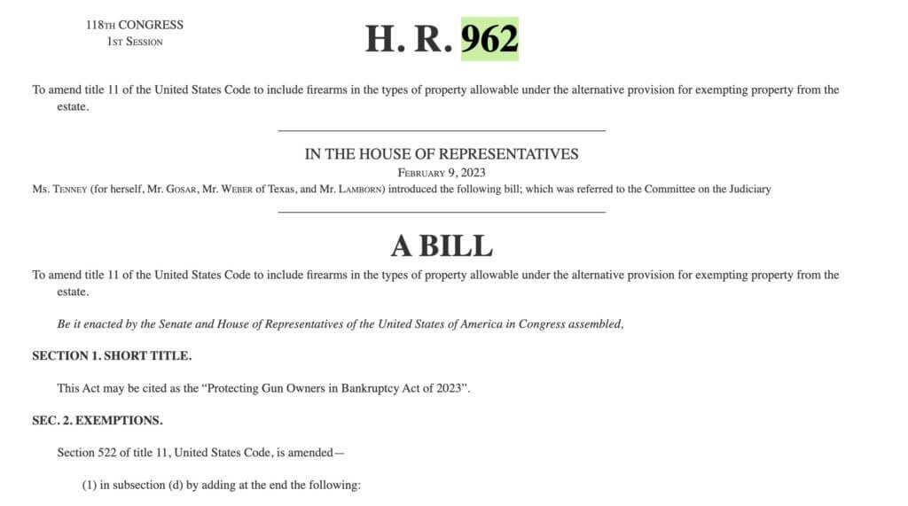 H.R. 962 would make firearms a protected asset during bankruptcy proceedings.