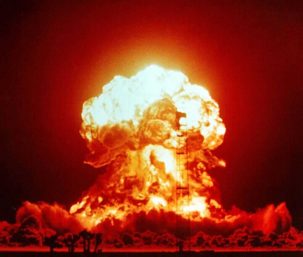 1950s atmospheric nuclear test fireball rising during Operation Upshot Knothole, illustrating nuclear blast effects
