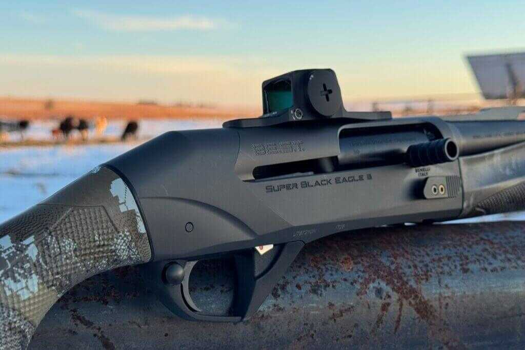 Benelli Super Black Eagle 3 A.I. BE.S.T. receiver close-up showing matte gray finish and BE.S.T. marking