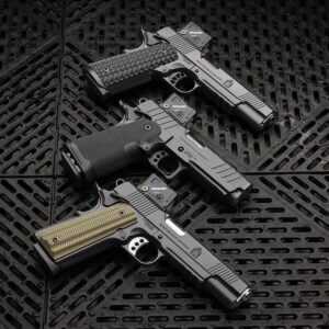 Springfield Armory 1911 DS Prodigy and TRP pistols equipped with Aimpoint COA enclosed-emitter optics.