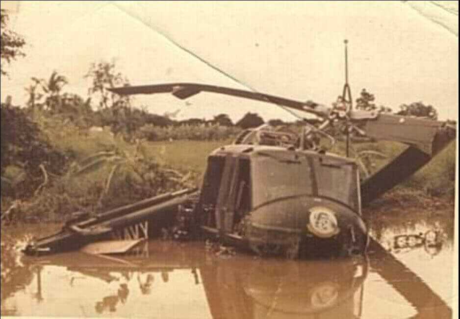 Destroyed Vietnam-era American helicopter illustrating the danger faced by Gary Wetzel and other Huey crews