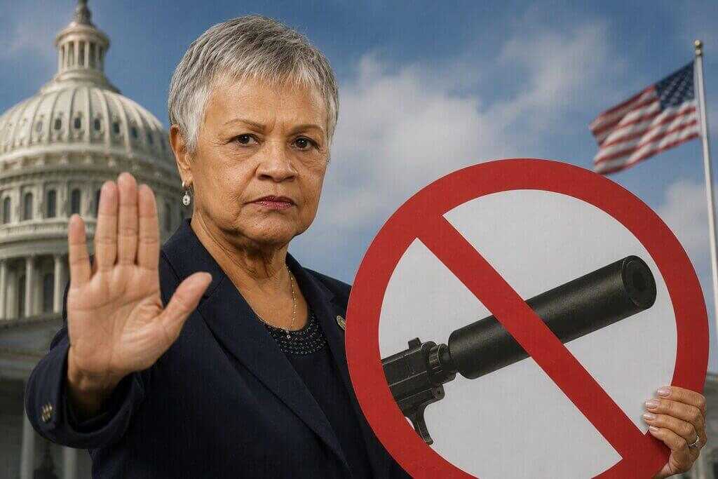 Illustration depicting Rep. Bonnie Watson Coleman in front of the U.S. Capitol, holding a prohibition sign over a firearm suppressor while signaling "stop" with her hand, symbolizing proposed federal legislation to ban suppressors.