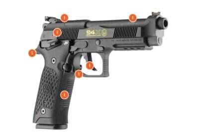 The Beretta 94X Performance competition pistol is shown in profile with callouts highlighting key features, including the optics-ready slide, enhanced frame ergonomics, Xtreme-S trigger system, aggressive slide serrations, and redesigned grip panels.