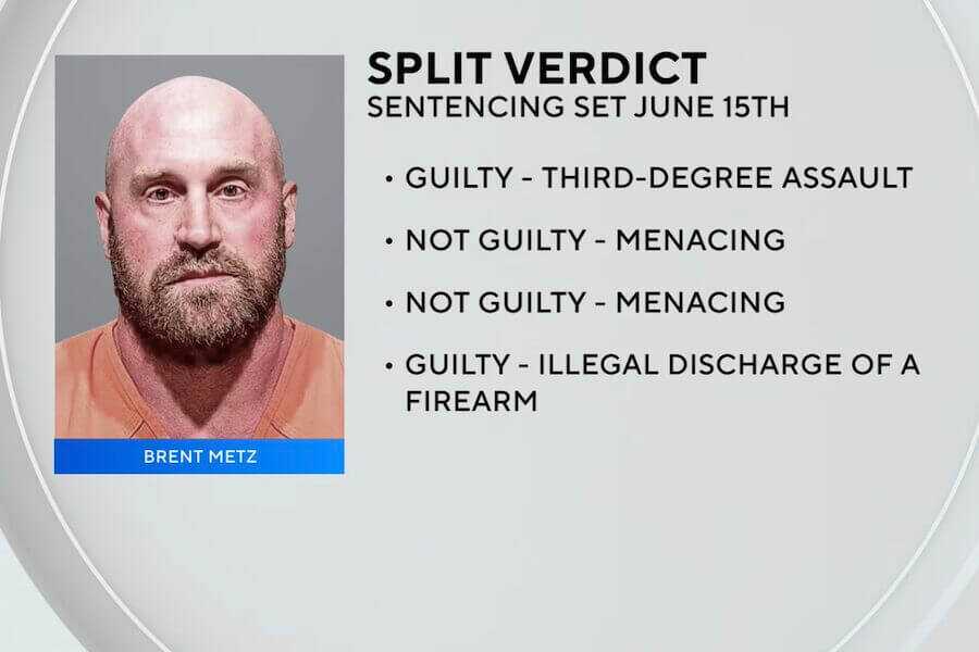 Graphic showing a booking photo of Brent Metz alongside a summary of the jury's split verdict, including convictions for third-degree assault and illegal discharge of a firearm, and acquittals on two menacing charges.