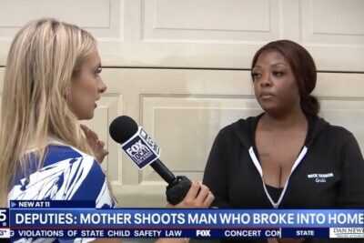 A Florida mother speaks with a Fox 35 Orlando reporter outside her Palm Coast home after shooting an alleged intruder who entered the residence and threatened her family.