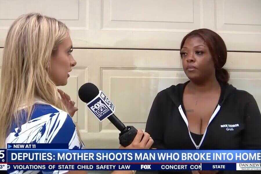 A Florida mother speaks with a Fox 35 Orlando reporter outside her Palm Coast home after shooting an alleged intruder who entered the residence and threatened her family.